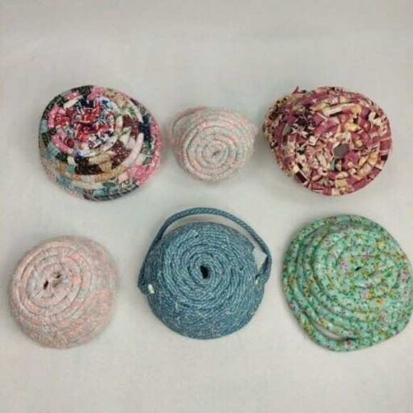 Lot Of 6 Vintage Handmade Fabric Rope Baskets Quilt Remnant Patterns‎ BOJO - Picture 2 of 16